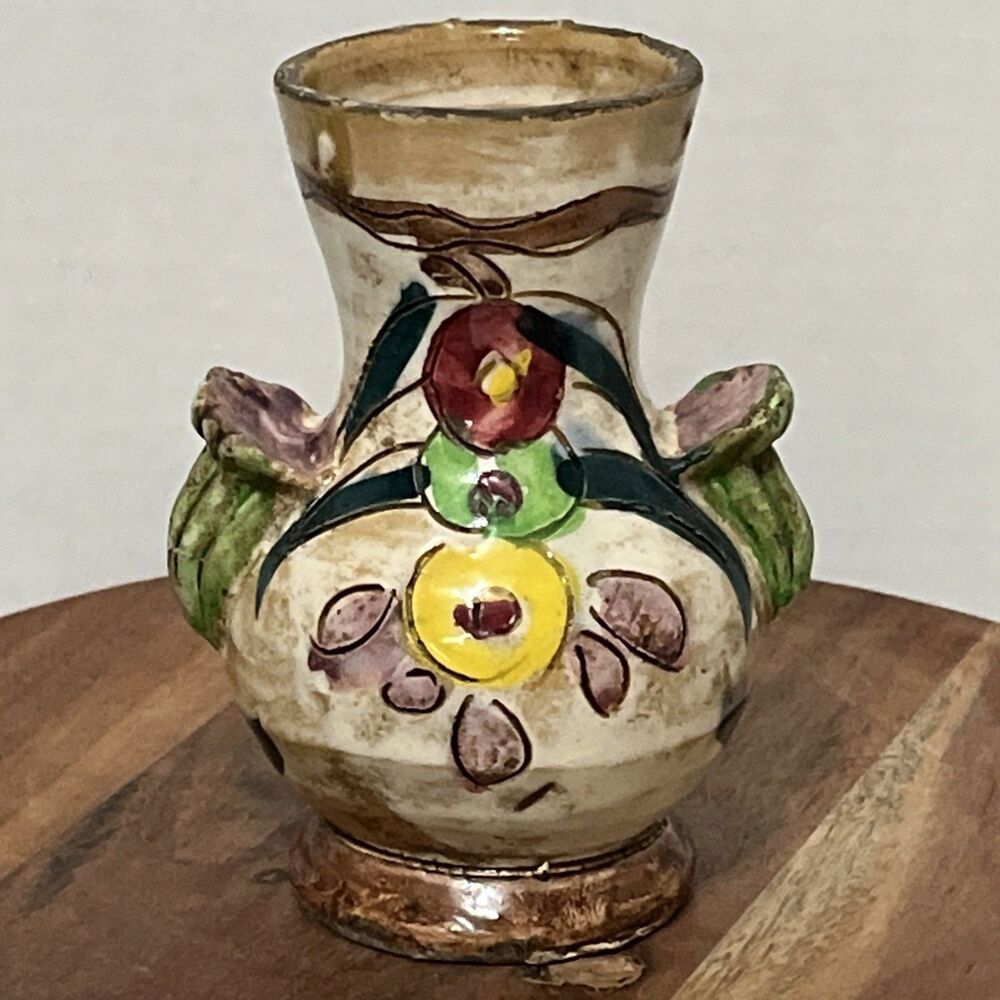VTG Italian Sgraffito Vase Hand Painted Floral Colorful Signed G.T. Numbered